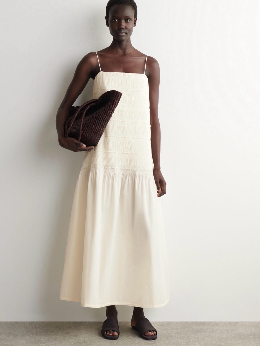 COS Ruched Dropped-Waist Poplin Midi Dress Ivory | Size 4 | NWT